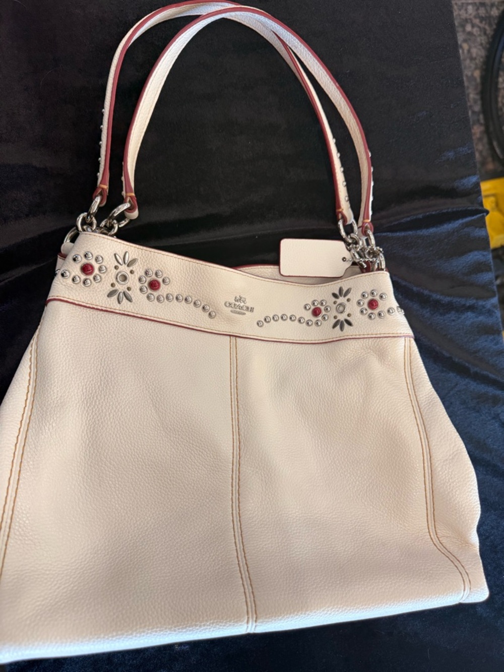 Vintage Coach Cream Leather Shoulder Bag with Stud & Red Trim